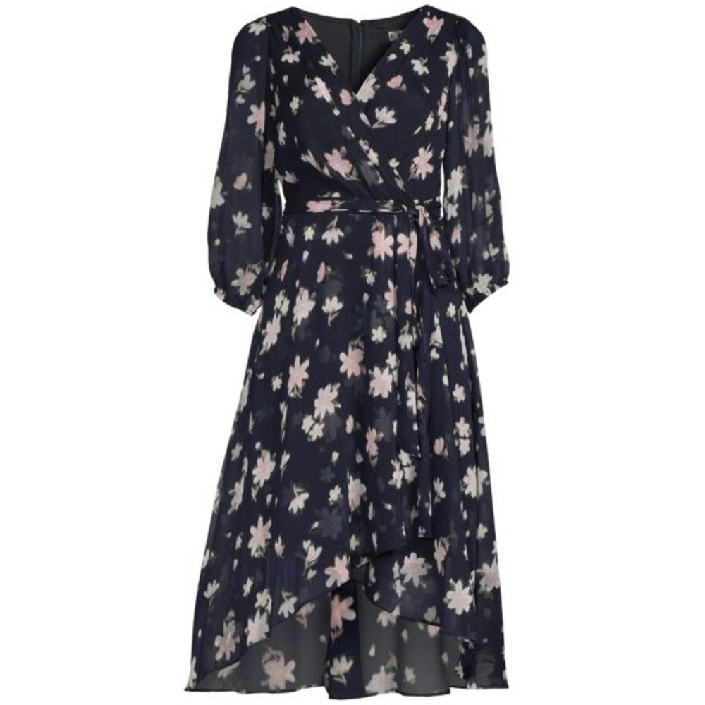DKNY Women’s High Low Dress Sz 2 Midi Floral Blue Sheer Sleeves Faux Wrap V Neck
